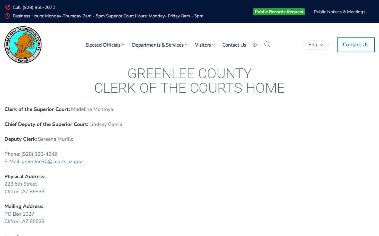 Greenlee County bench warrant Superior Court Clerk