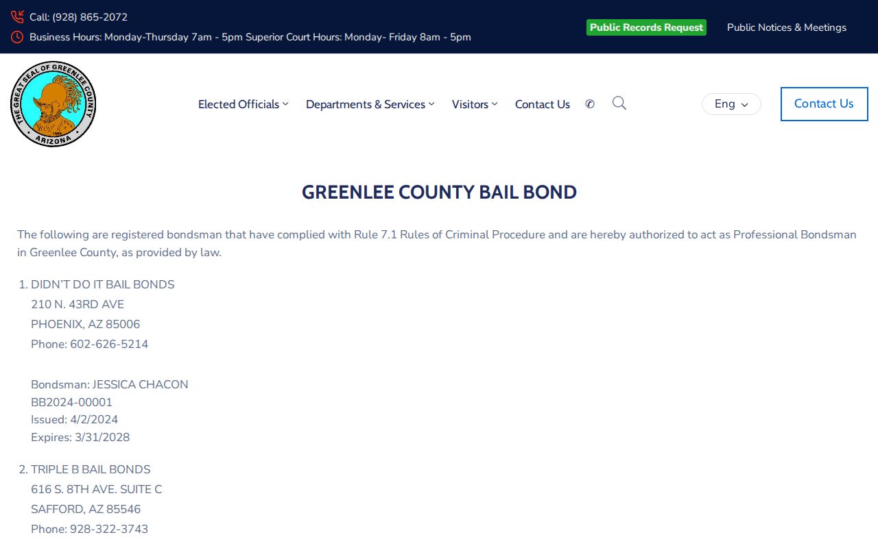 Greenlee County traffic warrant bondsman information