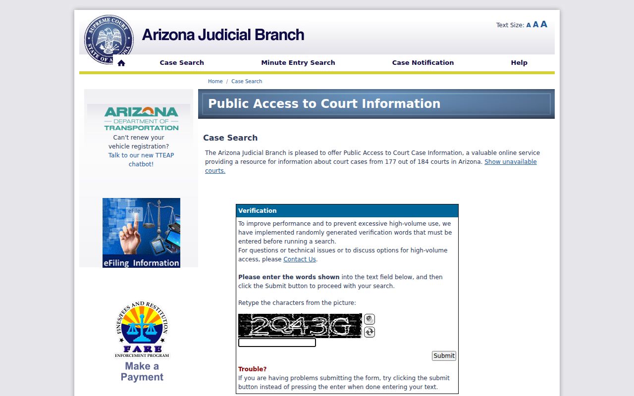 Greenlee County warrant record routing through Arizona court public access